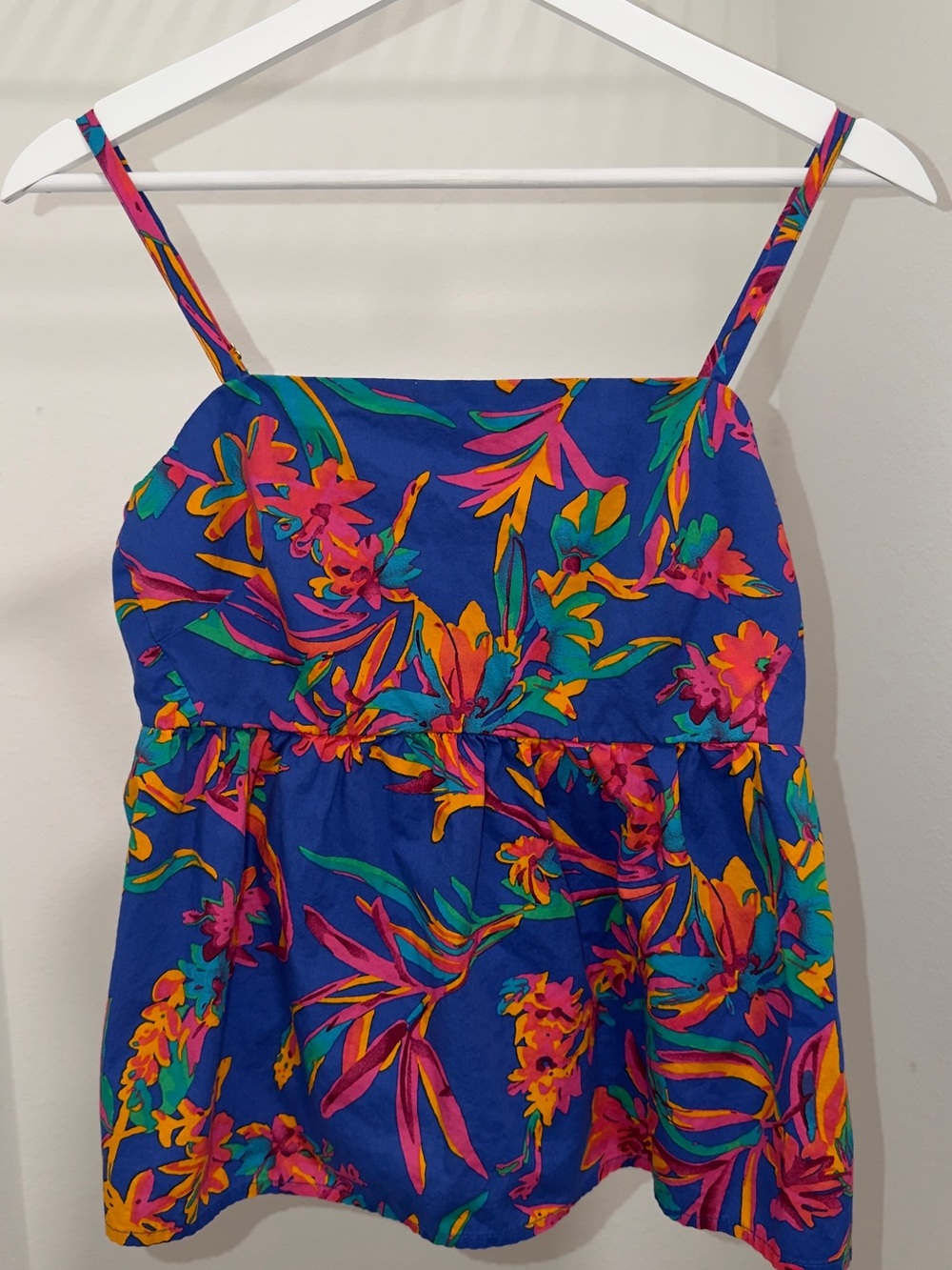 J. Crew Blue Floral Crop Top with Pink, Orange & Green Print